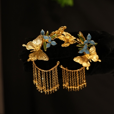 ETE金蓝色撞色款流苏边夹立体花朵经典百搭款13206