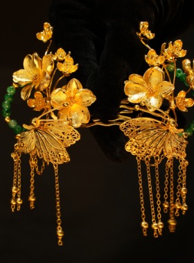 ETE新款金色流苏蝴蝶秀禾龙凤褂头饰发簪对钗12553