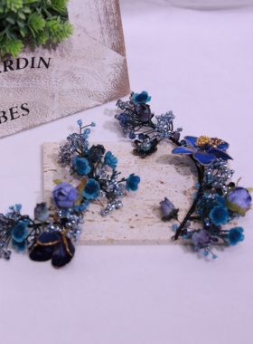 ETE新款新娘头饰中式秀禾服蓝色绒花高级感汉服订婚百搭头饰12757