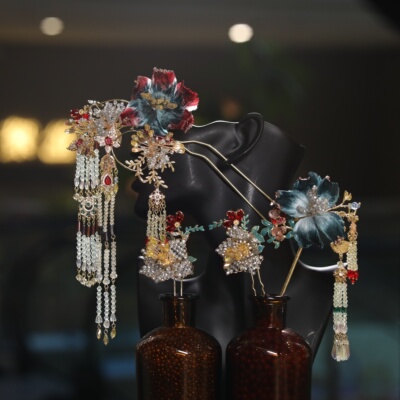 ETE新款红绿色绒花撞色高端定制古装秀禾结婚新娘头饰11375