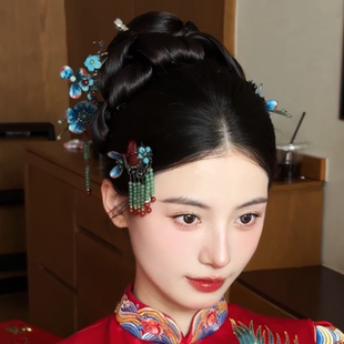 ETE正品新款新娘中式秀禾旗袍景泰蓝绒花头饰古风复古发饰12605