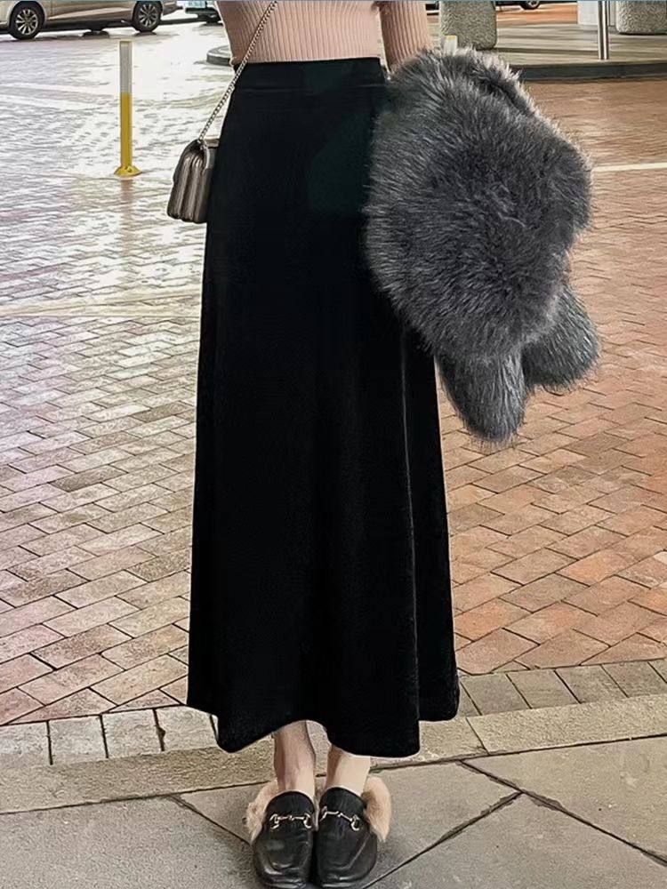 金丝绒半身裙女春秋2023新款高腰垂感A字裙复古显瘦丝绒半身长裙,女装/女士精品,半身裙,淘宝优惠券,粉丝福利购,淘宝优惠卷