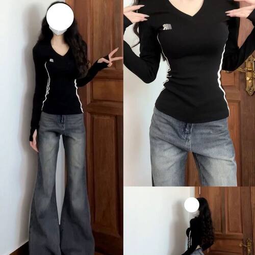 设计感修身显瘦V领织带辣妹长袖t恤女春秋打底衫运动美式复古上衣