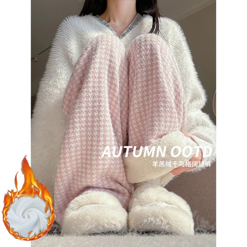 千鸟格加绒阔腿裤女冬季2025新款加厚垂感直筒裤羊羔绒保暖格子裤