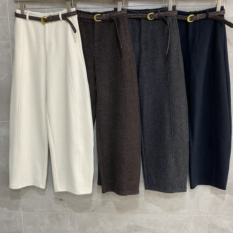 欧洲站2025秋冬女装高腰配腰带简约绵羊毛弯刀裤显瘦休闲裤886183