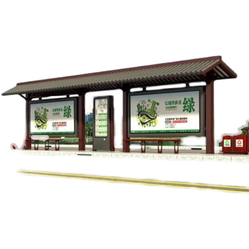 不锈钢公交站台城镇现代智能候车亭复古木纹漆仿古公交车站牌站亭