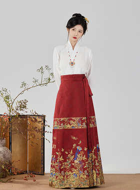 锦宣阁原创汉服女枯叶明制仿妆花织金红色马面裙套装日常春夏全套