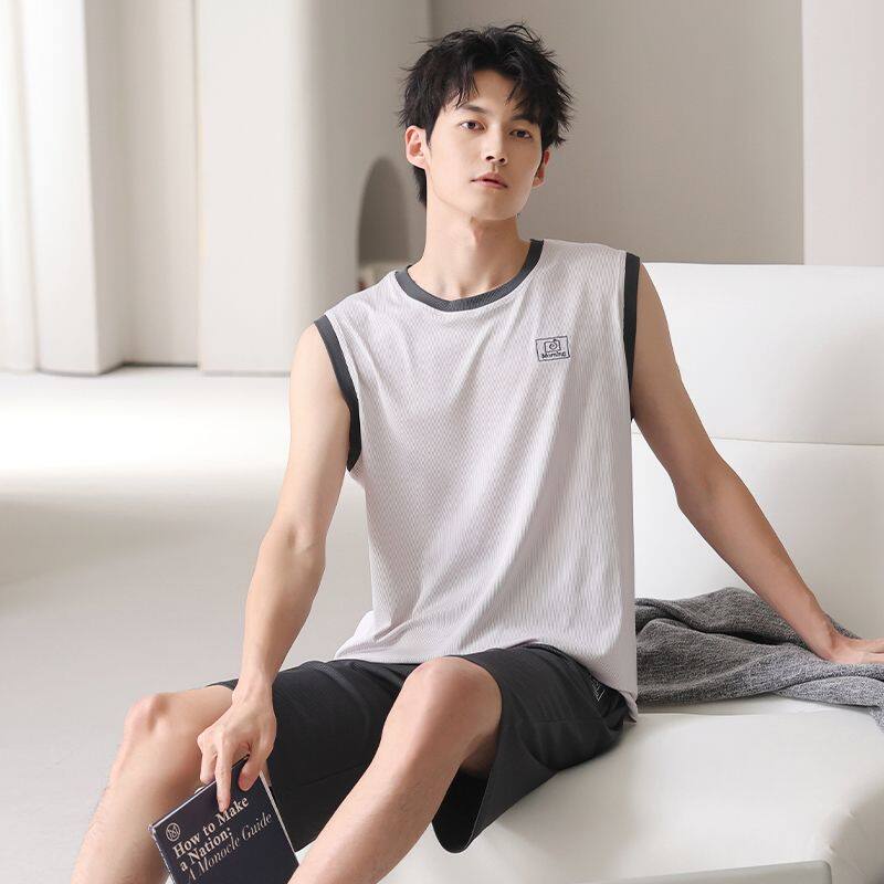 凉感冰丝睡衣男夏季天可外穿无袖背心短裤两件套装学生男士家居服