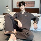 高档华夫格长袖 睡衣男春秋冬季 天两件套装 网红新款 休闲男士 家居服