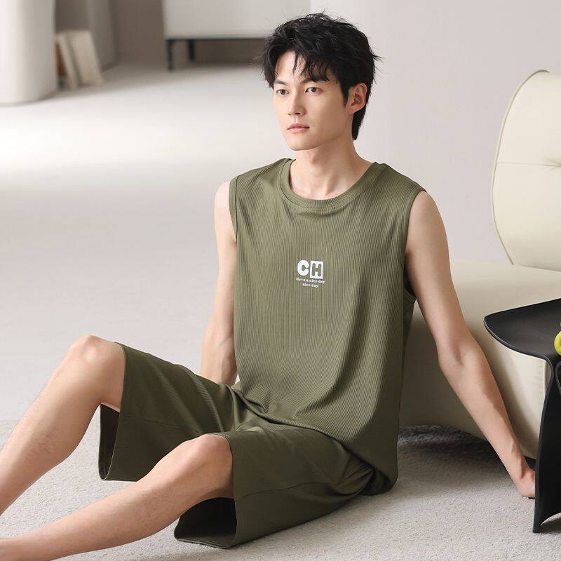 凉感冰丝睡衣男夏季天可外穿无袖背心短裤两件套装学生男士家居服