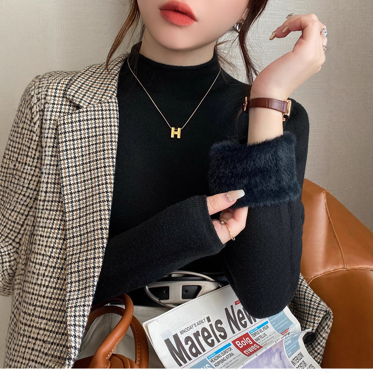 2025秋小矮个子保暖内搭上衣女秋冬季显高穿搭加绒针织打底衫