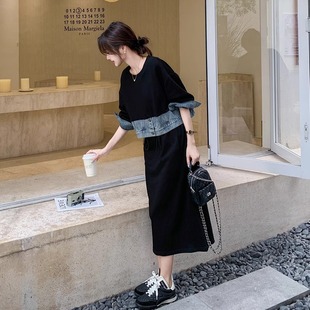 潮牌拼接牛仔假两件连衣裙女2025春秋新款 设计感减龄休闲卫衣长裙