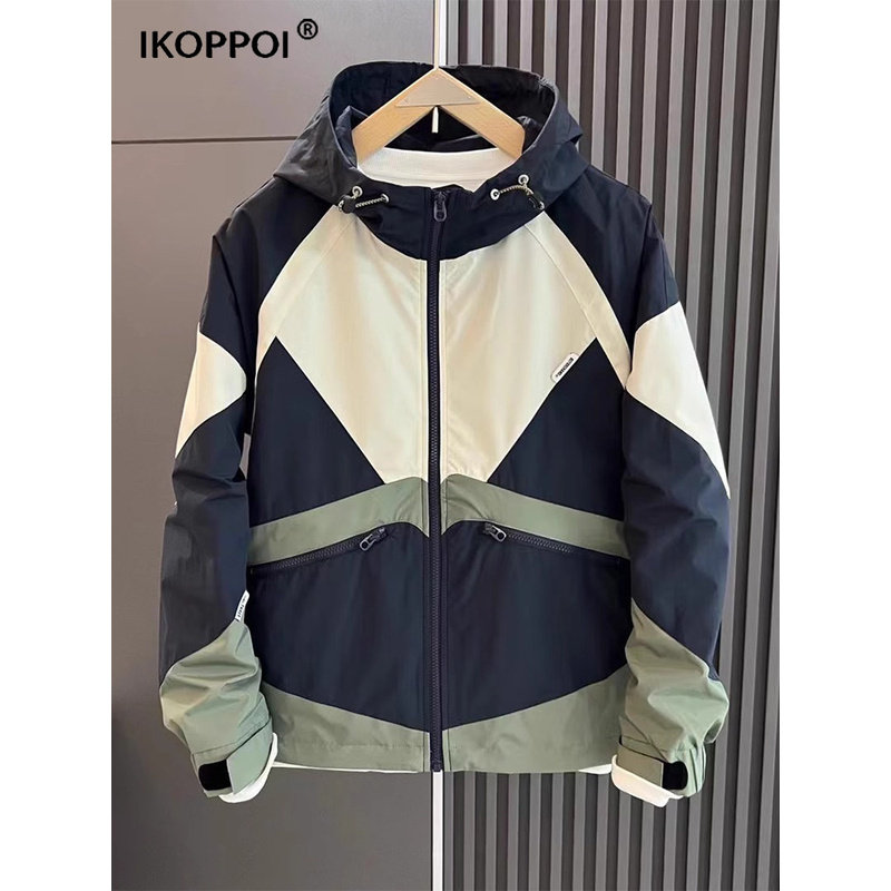 高端韩版撞色二棉冲锋衣拼接薄棉夹克2025秋冬季连帽夹棉外套男潮