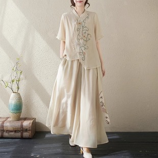 女夏妈妈高端亚麻裤 套装 裙两件套 国风禅意棉麻刺绣衬衫 潮牌新中式