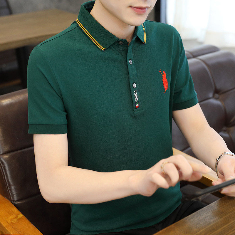 高端刺绣短袖POLO衫男夏季纯棉休闲潮流修身墨绿色男士翻领T恤潮