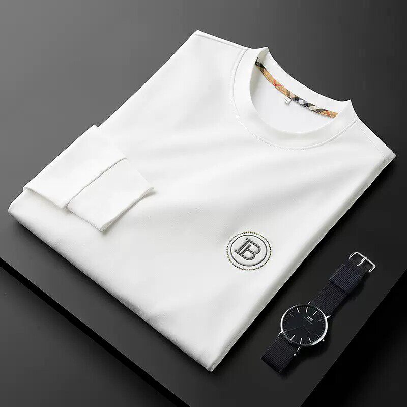 高端桑蚕丝长袖T恤男秋冬新款白色烫钻修身薄款圆领男士打底衫潮