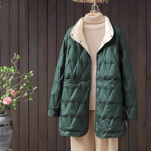 200斤小个子外套 宽松大码 潮牌双面轻薄羽绒服女2025冬新款 中长款