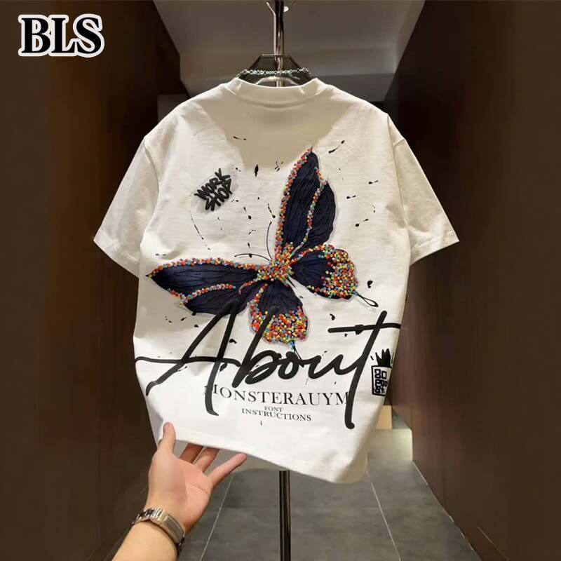 高端蝴蝶印花纯棉短袖T恤男士夏季2026新款重磅圆领男款半袖上衣