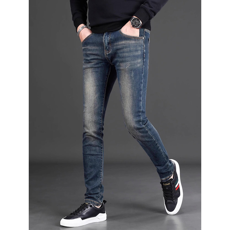 意大利高端秋季复古牛仔裤男小脚修身弹力经典水洗蓝色25年休闲裤