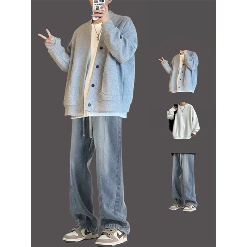 美式复古华夫格开衫卫衣套装男秋冬季休闲宽松直筒牛仔裤一套搭配