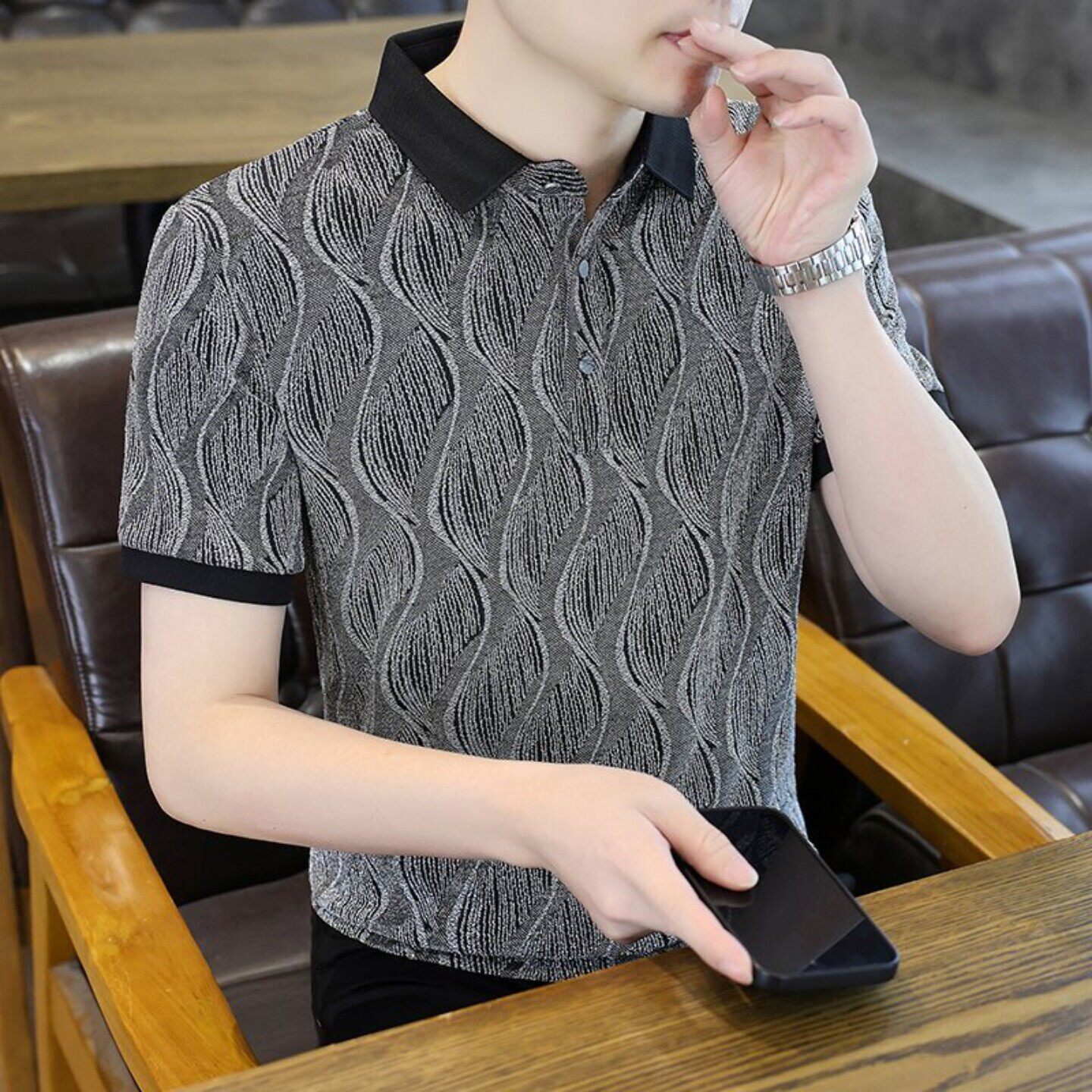 翻领纯棉polo衫男短袖夏季薄款灰色条纹男士高级感T恤休闲半袖潮