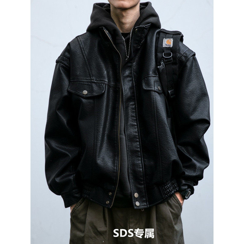 高端真皮皮衣外套男秋冬季薄款痞帅短款立领机车服复古荔枝纹夹克