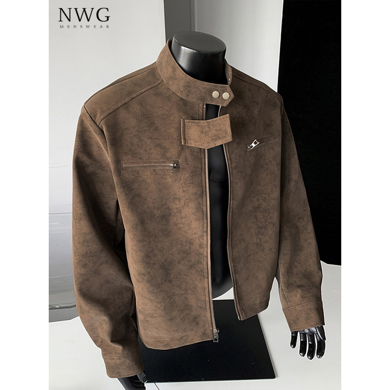 美拉德立领皮衣外套男秋冬季2025新款修身机车夹克休闲正肩棒球服