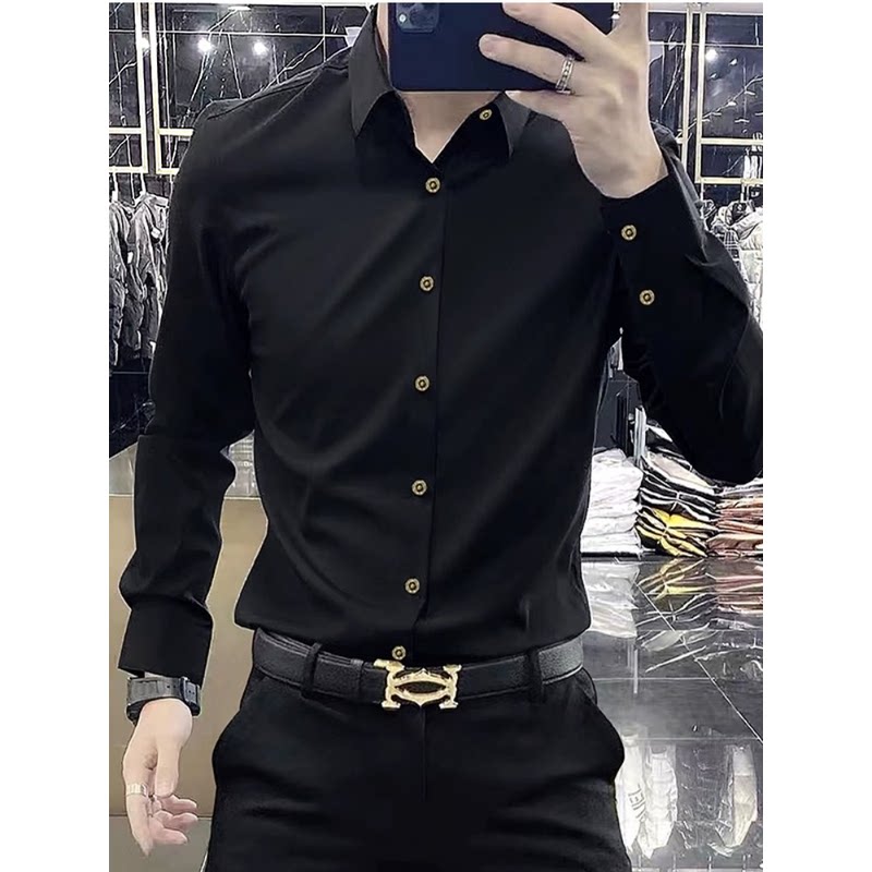 高端高级感黑色长袖衬衫男秋季新款高端商务休闲男士衬衣修身高端