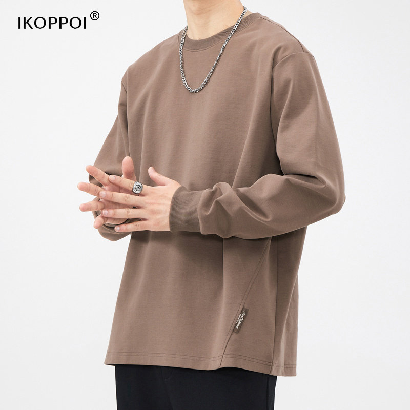 重磅长袖T恤男士春秋季纯色圆领内搭上衣服宽松百搭男装打底衫潮