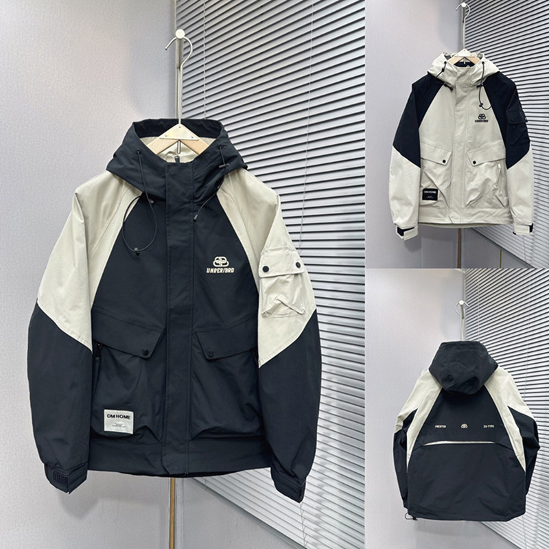 MUSONMU春秋季连帽冲锋衣外套男新款美式机能风拼色工装夹克上衣