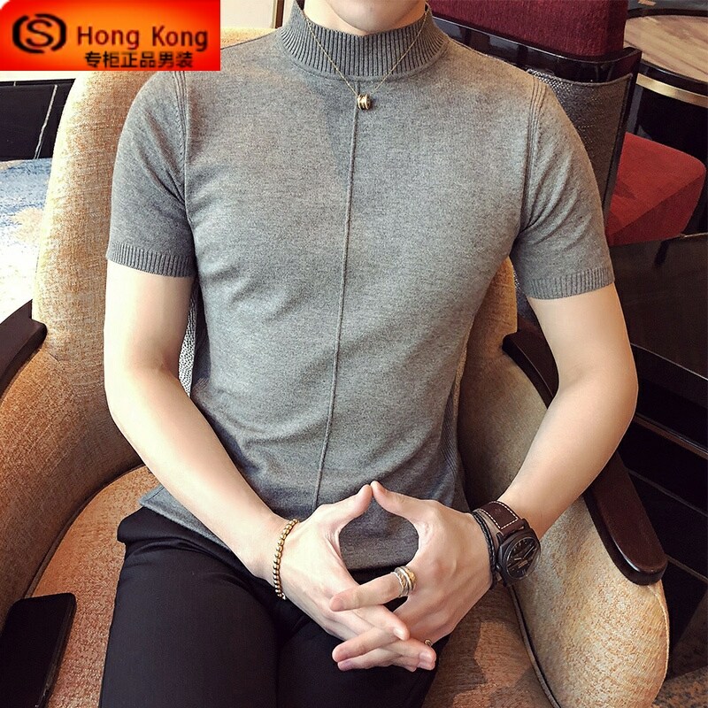半高领毛衣男春秋夏季2025新款韩版半袖紧身潮流打底男士短袖t恤