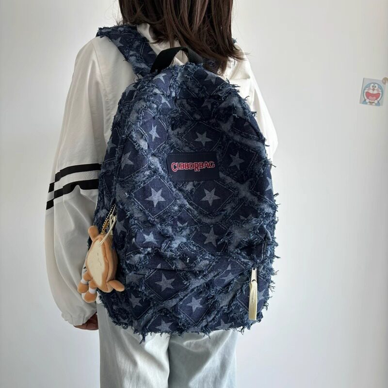 法国ZAMP帆布双肩包女牛仔布流苏大容量初中大学生书包复古背包女
