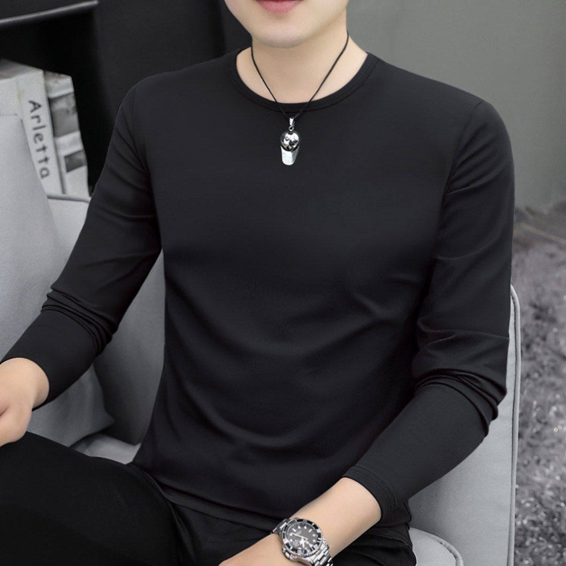 长袖t恤纯色男纯棉圆领内搭修身春季秋衣休闲百搭打底衫体恤上衣