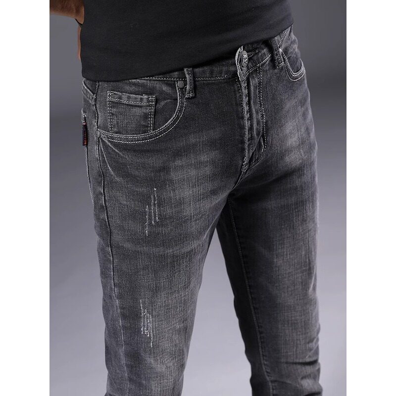 香港高端烟灰色牛仔裤男秋冬新款修身小脚百搭弹力黑灰休闲长裤子