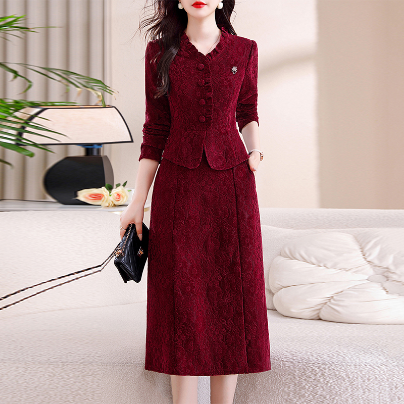 Capacity Kiss喜婆婆婚宴装加绒加厚妈妈礼服平时大码红色连衣裙