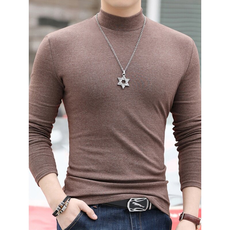 香港修身打底衫男士半高领秋冬纯棉紧身T恤纯色保暖大码长袖秋衣