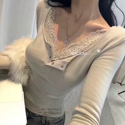 春季蕾丝拼接V领修身假两件T恤