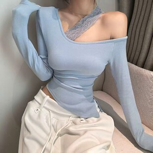 修身 露肩蕾丝拼接女长袖 显瘦上衣纯欲性感T恤打底 新款 张ROOM春季