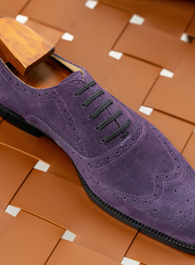 高档紫色磨砂皮布洛克皮鞋男灰色真皮翻毛皮brogue雕花巴洛克鞋子