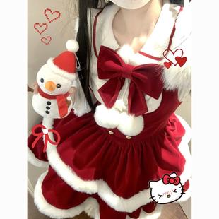 洛丽塔cos新年战袍毛边娃娃领上衣蝴蝶结红色丝绒背带蛋糕裙套装