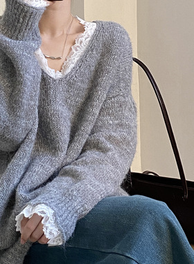 爆火蕾丝花边毛衣女 冬季慵懒V领宽松软糯温柔针织上衣P960