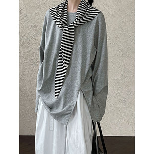 韩系简约休闲大版 T恤女宽松纯色慵懒打底衣2071 下摆开叉绑带长袖