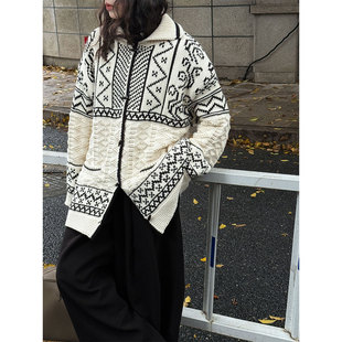 费尔岛提花牛角扣翻领针织衫 外套女秋冬慵懒风羊毛毛衣ss929