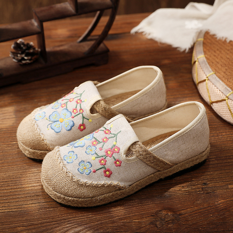 老北京布鞋一脚蹬刺绣亚麻渔夫鞋