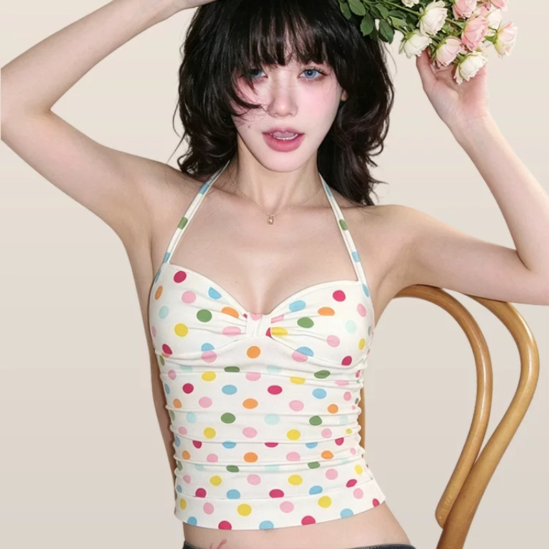 彩色波点挂脖瑜伽吊带背心女夏性感显瘦带胸垫舞蹈运动健身服上衣