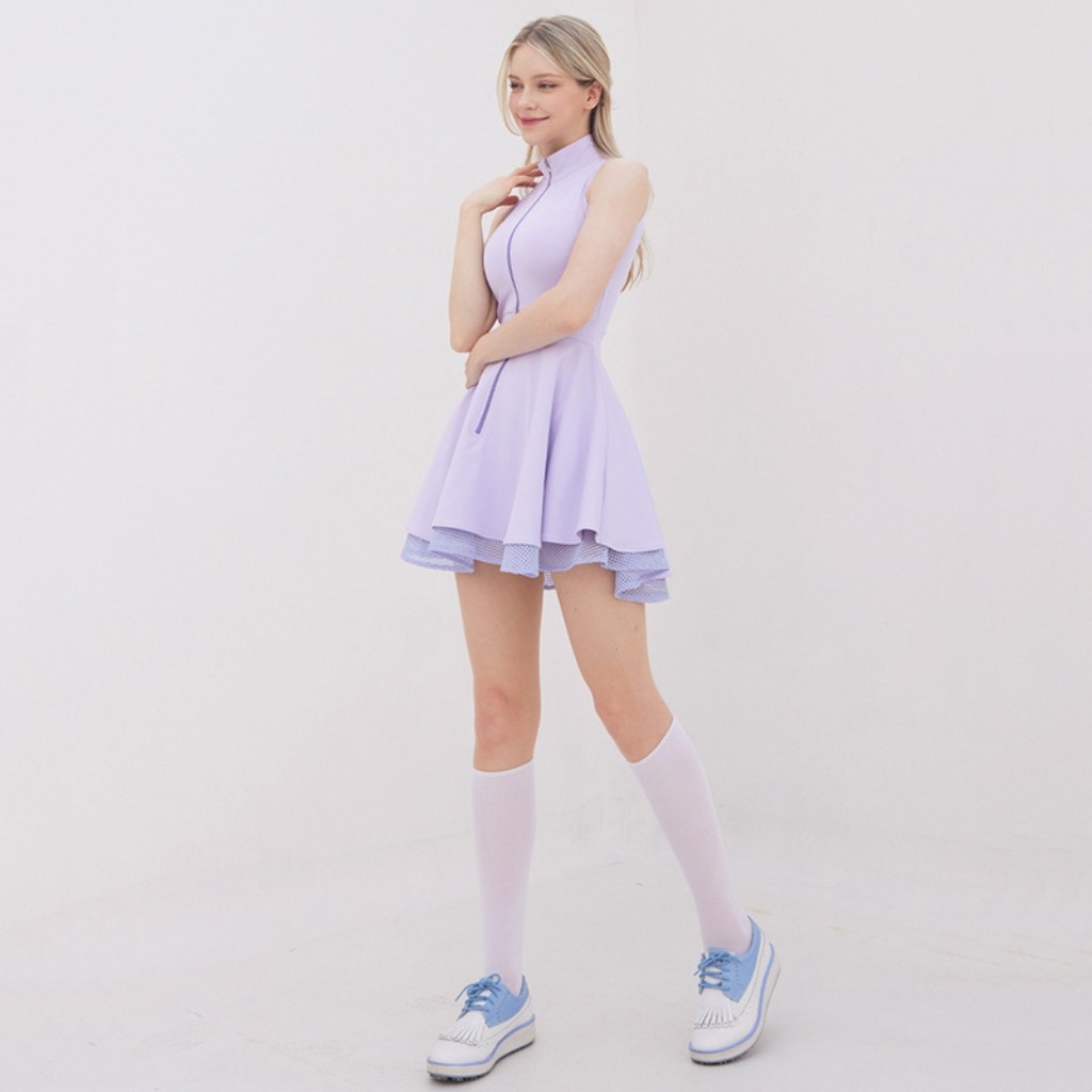 立领运动网球连衣裙女无袖拉链小高领防走光羽毛球高尔夫瑜伽短裙