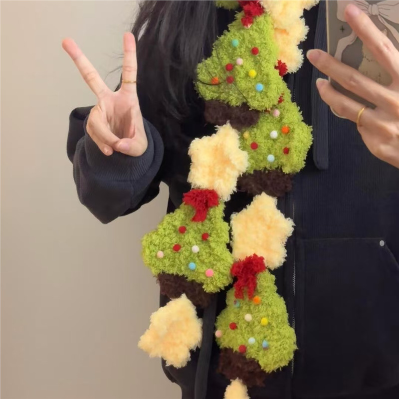 围巾编织diy材料包手工圣诞树姜饼人雪人毛线钩针拼接围脖送女友