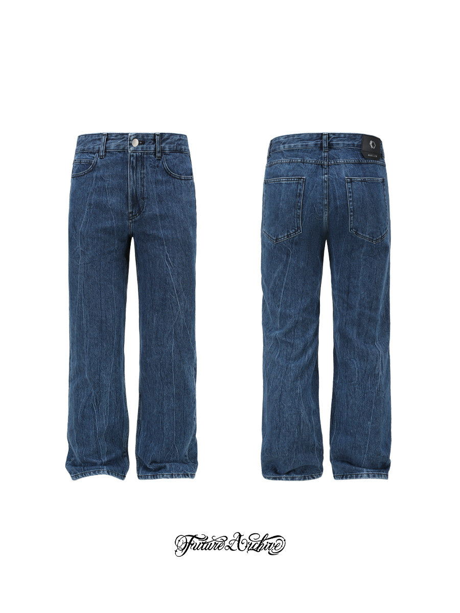 SOLID蓝色竖纹牛仔长裤