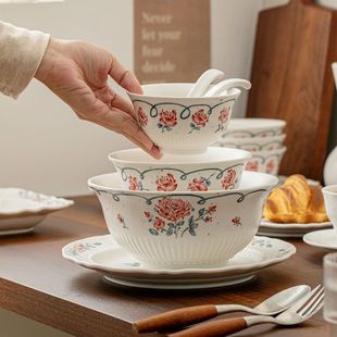 法式复古ins玫瑰花园浮雕甜品盘家用蛋糕西餐盘沙拉盘陶瓷碗盘子