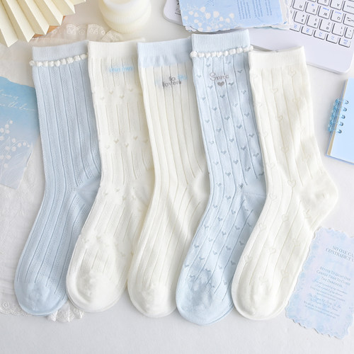 夏季薄款袜子女中筒袜透气蓝色甜美JK洛丽塔棉袜仙女袜2026新款
